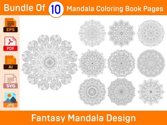 Bundle of 10 Fantasy Mandala Graphics for Coloring Pages