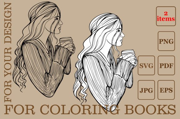 Girl Drinking Coffee Coloring Pages for Modern Brand Graphics